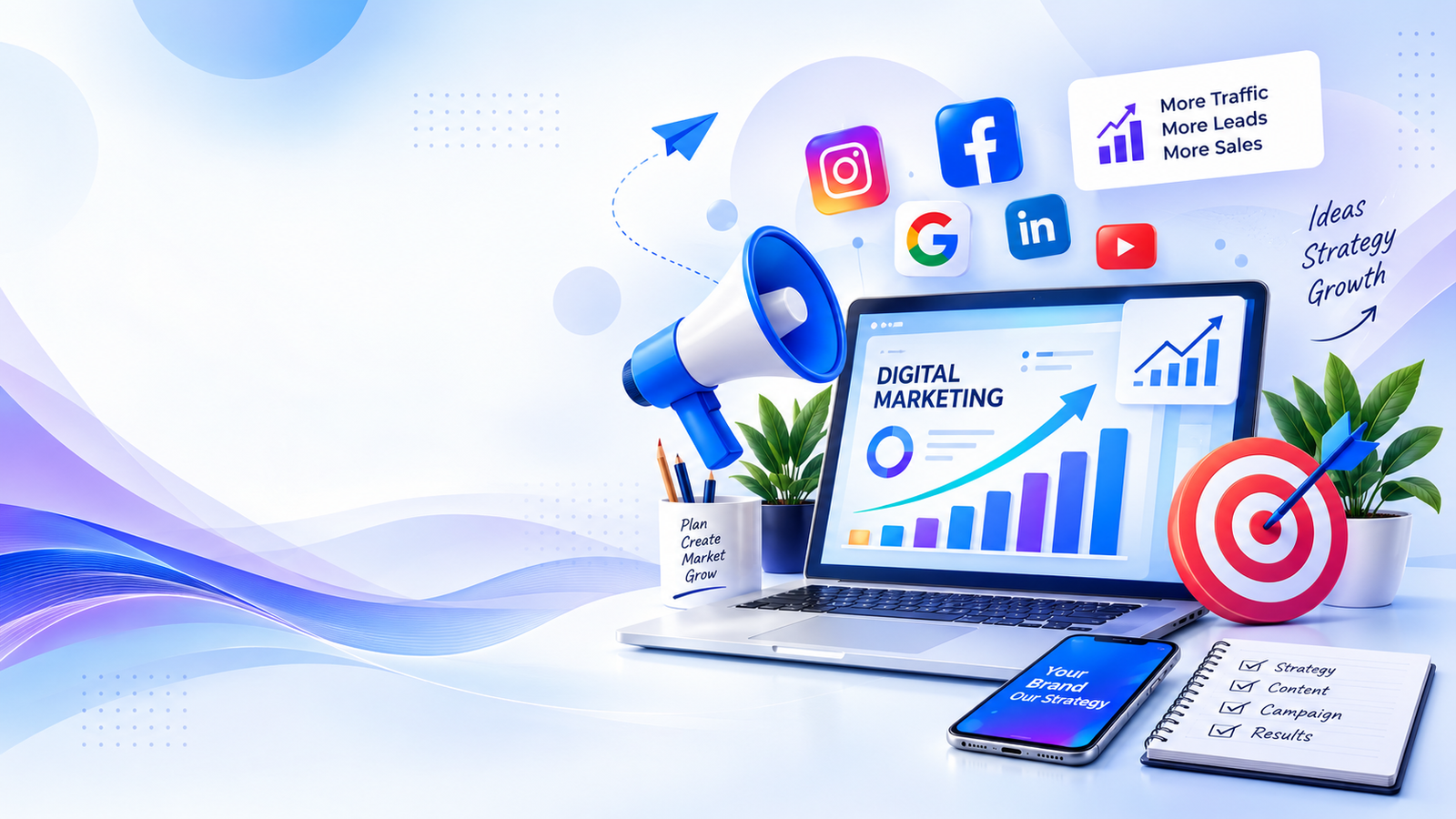 Digital marketing strategy with social media, laptop and growth chart